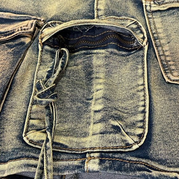 AMERICAN BAZI Denim Mini Skirt Cargo Pockets Over-dyed Distressed Blue Size L - Picture 10 of 13